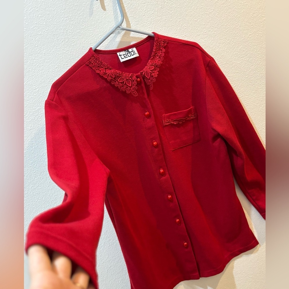 Vintage Teddi Red Lace Trim Button-Front Cardigan Med